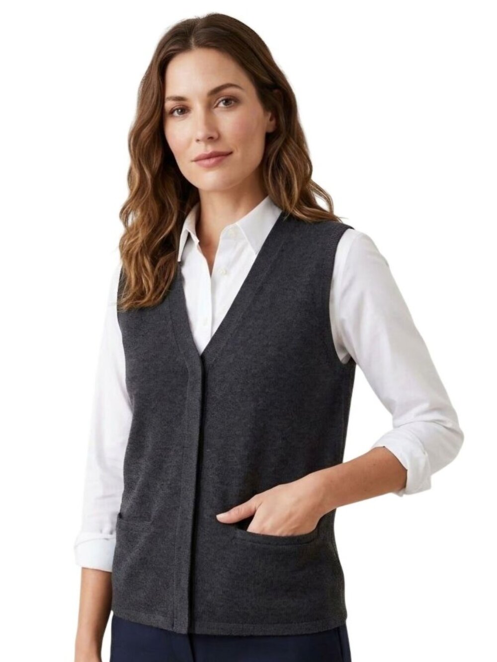 Loft Design Charcoal Gray Wool V Neck Hidden Button Sweater Vest Size XL
